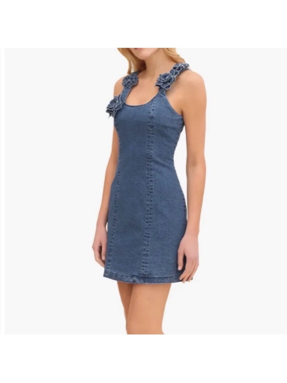NWT Avec Les Filles Denim Appliqué floral Jean mini dress